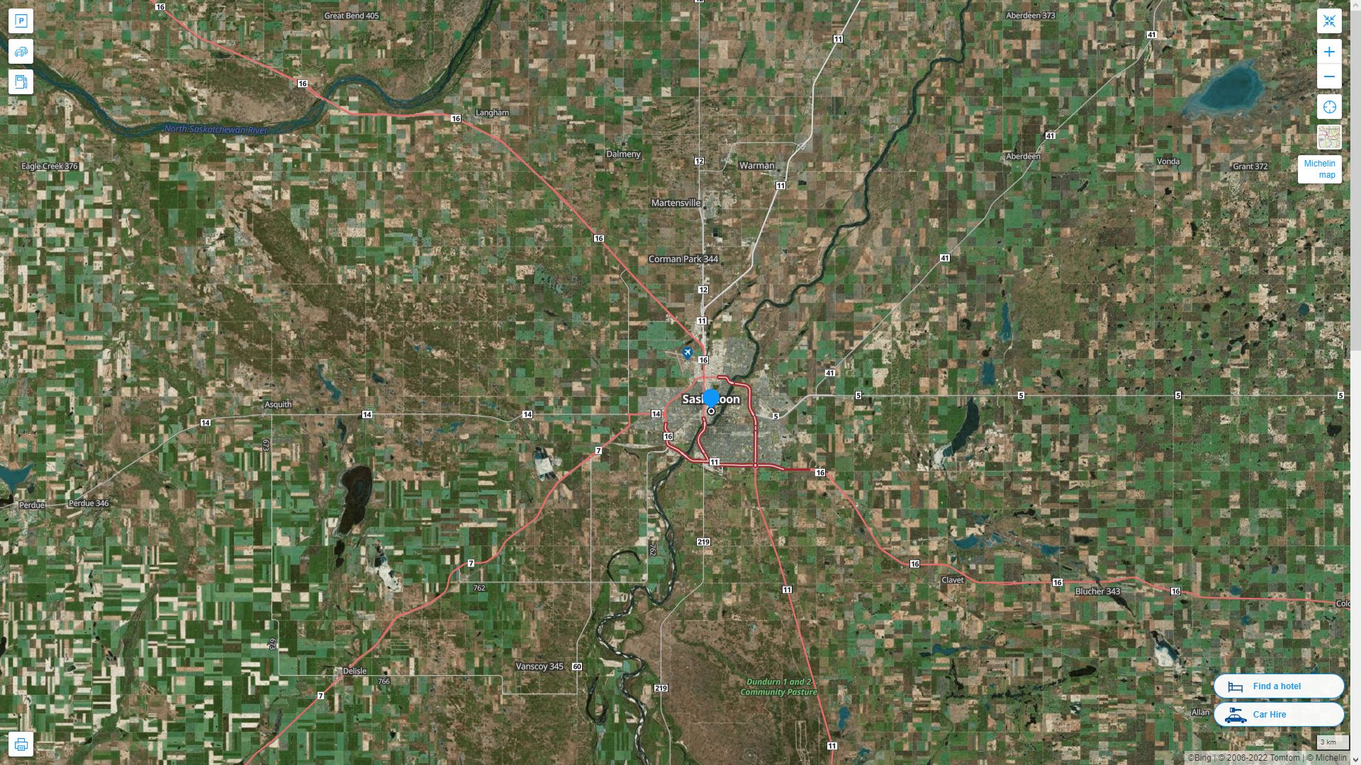 Saskatoon Canada Autoroute et carte routiere avec vue satellite